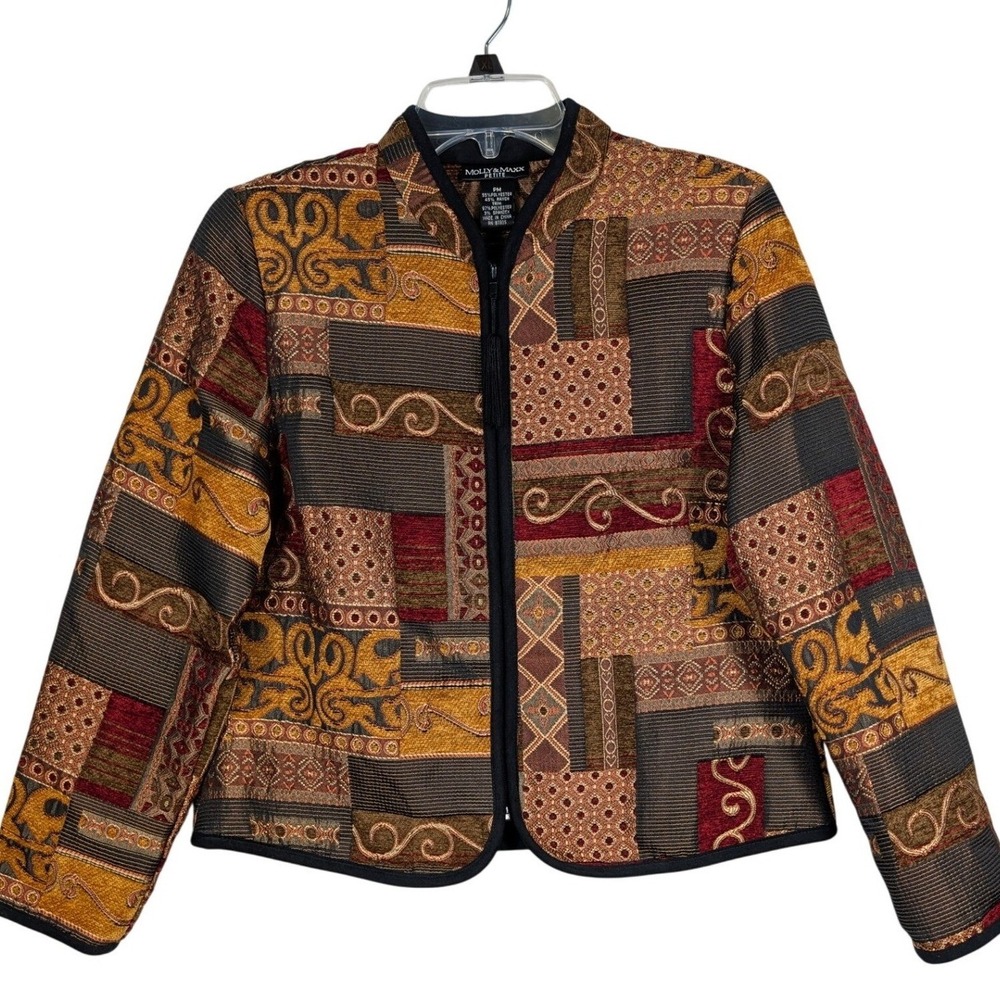 Med Petite Molly & Maxx Tapestry Print Jacket‎ Full Zip Vintage Style Tassel Zip